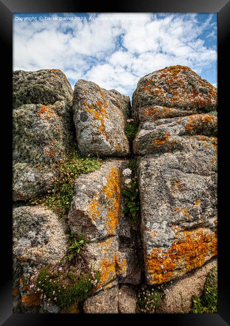Lichen covered rocks Lands End, Cornwall  Framed Print by Derek Daniel