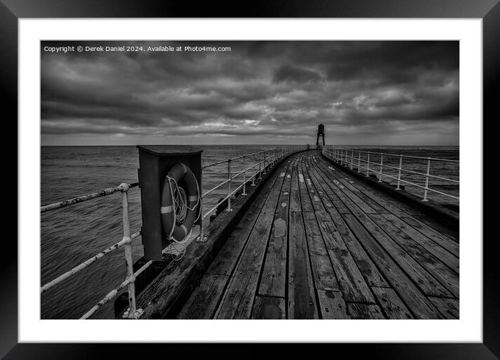 Whitby Pier, Whitby Harbour, West Yorkshire (mono) Framed Mounted Print by Derek Daniel