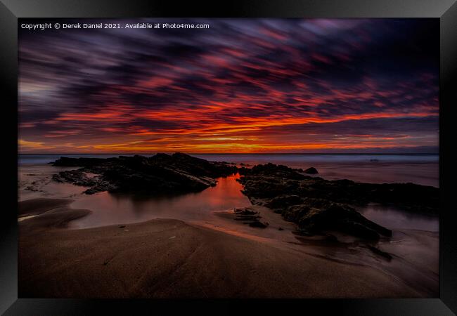 Fiery Red Sunset at Crooklets Beach, Bude Framed Print by Derek Daniel