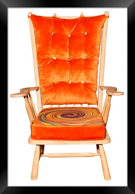 Wooden armchair with padded saddle and bright orange print, isolated on white background. Framed Print by Sergii Petruk