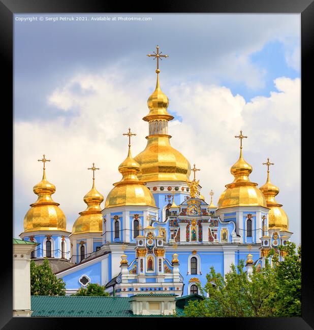 Golden domes of St. Michael's Golden-Domed Cathedral in Kiev in the spring against a blue cloudy sky on a warm spring day. Framed Print by Sergii Petruk