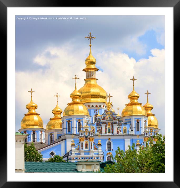 Golden domes of St. Michael's Golden-Domed Cathedral in Kiev in the spring against a blue cloudy sky on a warm spring day. Framed Mounted Print by Sergii Petruk