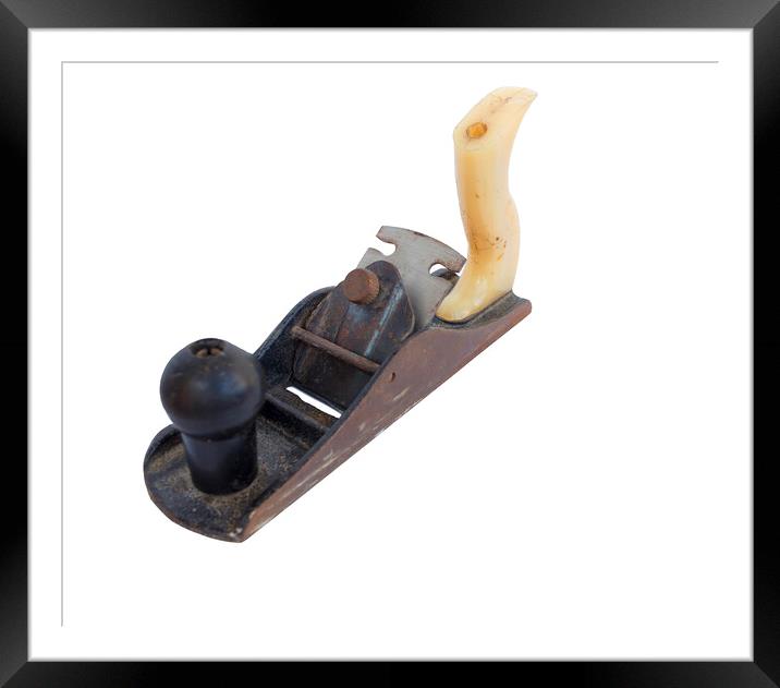 Old iron hand plane with plastic yellow back handle isolated on white background Framed Mounted Print by Sergii Petruk