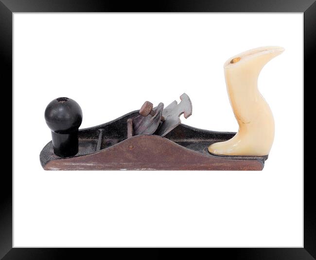 Old iron hand plane with plastic yellow back handle isolated on white background Framed Print by Sergii Petruk
