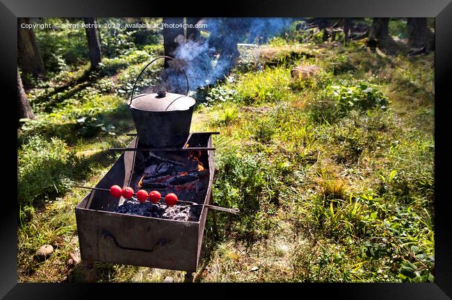 In the old cauldron on the barbecue cooking porridge against a forest clearing at noon Framed Print by Sergii Petruk