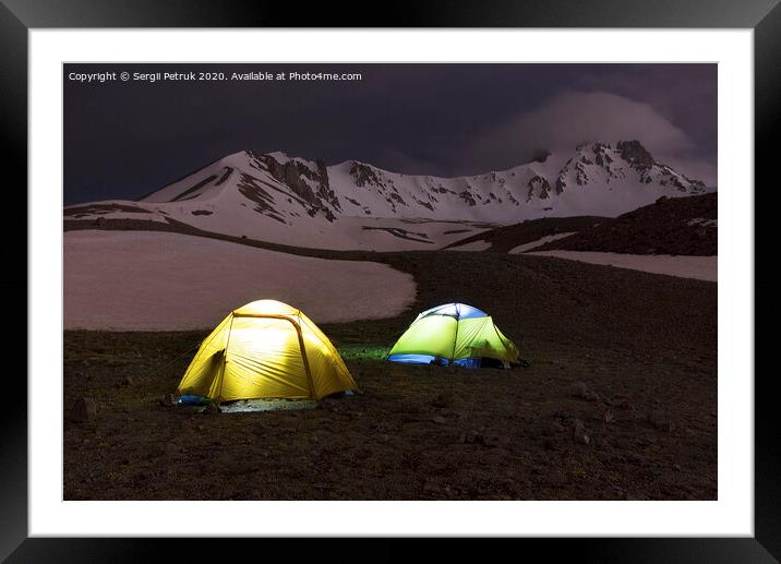 Tents of tourists are located at the foot of Mount Erciyes in central Turkey Framed Mounted Print by Sergii Petruk