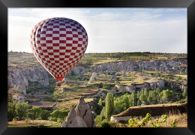 A balloon is flying over the valley in Cappadocia Framed Print by Sergii Petruk