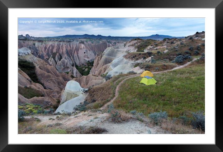 Tourist tents on the trail with a splendid view of the Red Valley in Cappadocia Framed Mounted Print by Sergii Petruk