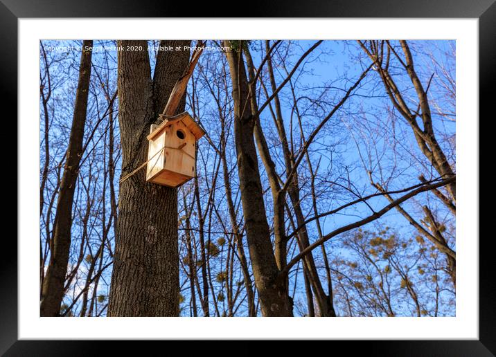 A new nesting box hung on an oak in a spring forest Framed Mounted Print by Sergii Petruk