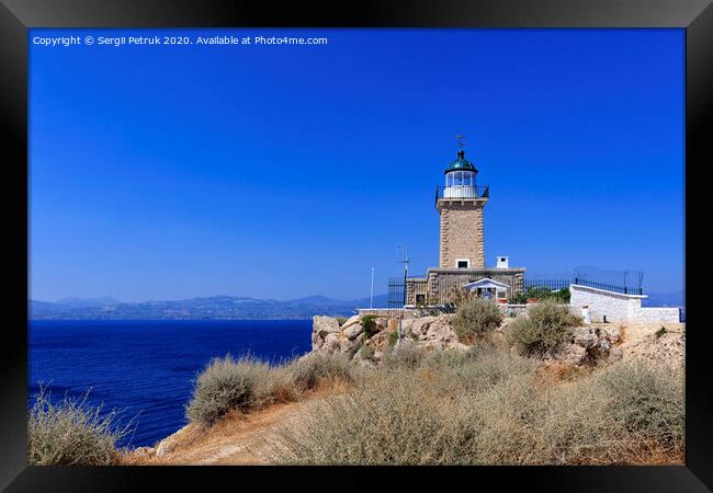 Old stone lighthouse on the high cape Malagavi, Loutraki, Greece. Framed Print by Sergii Petruk