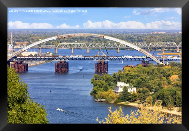 Construction of the Podolsky bridge across the Dnipro in Kyiv, image taken from a height. Framed Print by Sergii Petruk