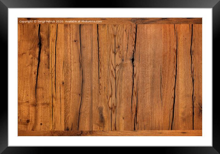 Texture and background of very old cracked brown wood after protective treatment. Framed Mounted Print by Sergii Petruk