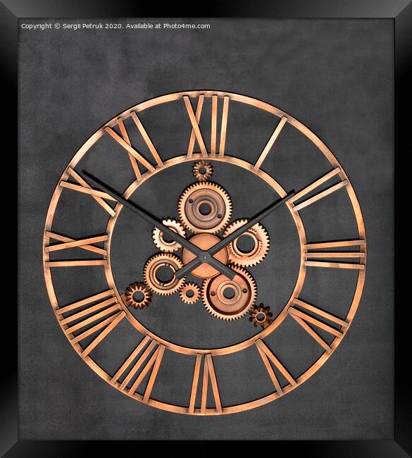 Unusual industrial wall clock made of metal and real gears on a granite black background. Framed Print by Sergii Petruk