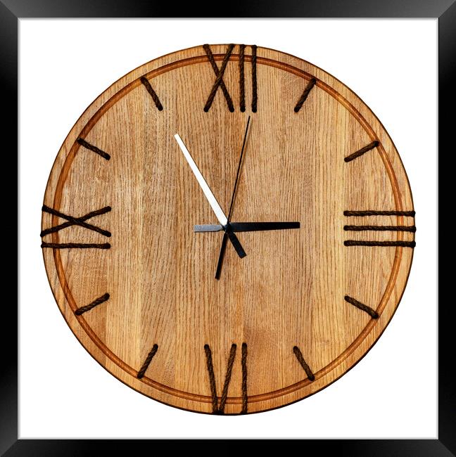 Beautiful wooden wall clock made of light wood and twine, isolate on white background. Framed Print by Sergii Petruk