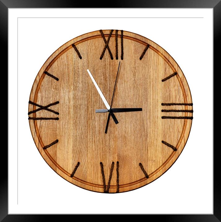 Beautiful wooden wall clock made of light wood and twine, isolate on white background. Framed Mounted Print by Sergii Petruk