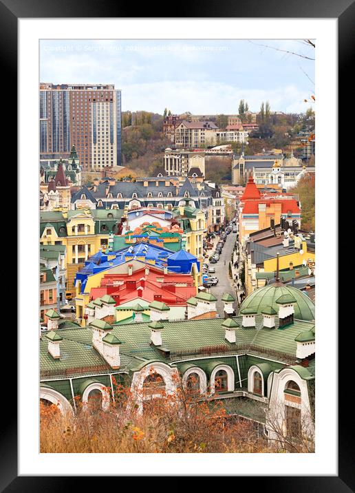 Landscape of an autumn city with a view of the restored roofs and buildings of Vozdvizhenka, the old district of Podil in the city of Kyiv. Framed Mounted Print by Sergii Petruk