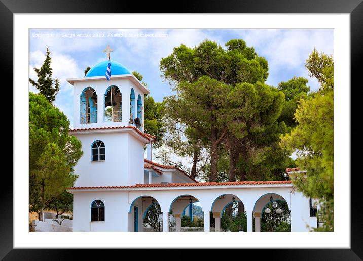 Exterior of the traditional white-blue Greek bell tower of a Christian Orthodox temple in Loutraki, Greece. Framed Mounted Print by Sergii Petruk