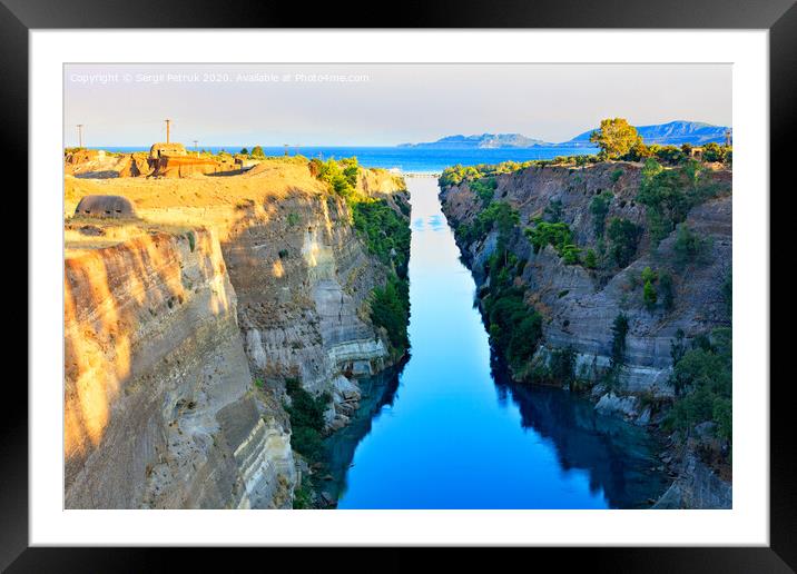 Aerial view of the Corinth Canal in Greece, the shortest European canal 6.3 km long, connecting the Aegean and Ionian Seas. Framed Mounted Print by Sergii Petruk