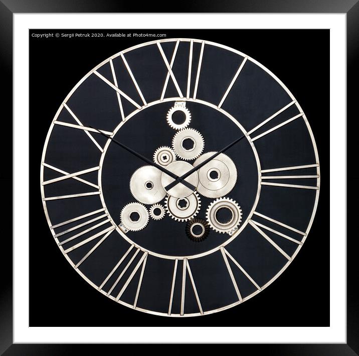 Unusual industrial wall clock made of metal and real gears, isolated on a black background. Framed Mounted Print by Sergii Petruk