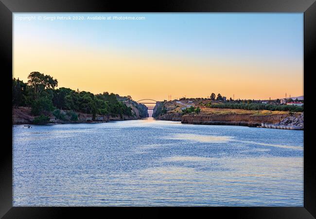 The Corinth Canal in the morning summer day illuminates the bright rising sun of Greece. Framed Print by Sergii Petruk