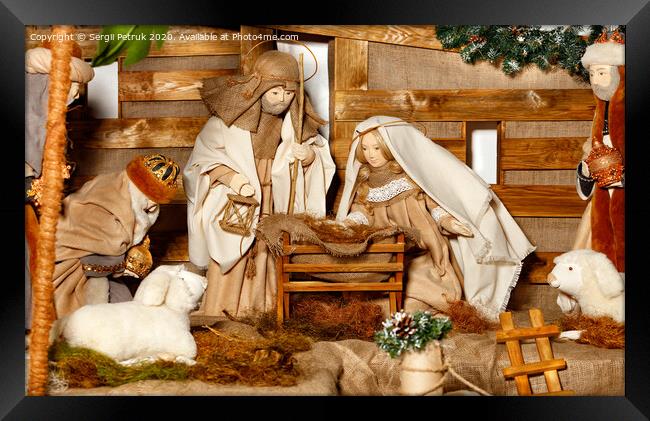 Puppet composition of the Nativity of Christ with the Jesus, Virgin Mary, Joseph, a manger, straw and the Magi who came. Framed Print by Sergii Petruk