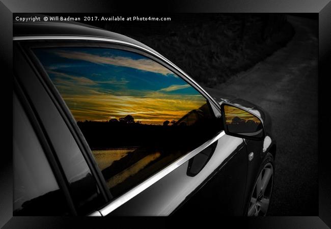 Sunset reflections in Audi window and mirror Framed Print by Will Badman
