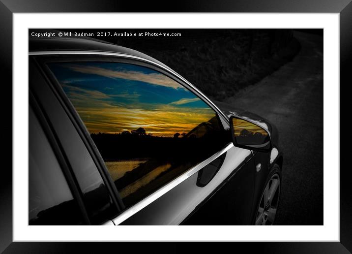 Sunset reflections in Audi window and mirror Framed Mounted Print by Will Badman