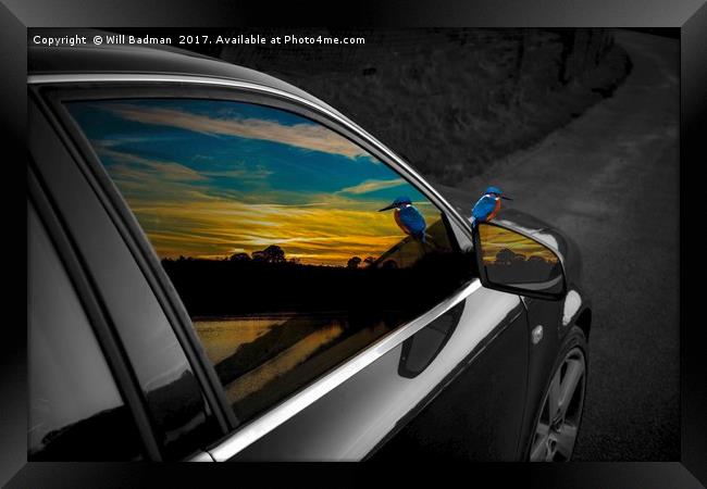 Sunset and kingfisher reflections in Audi window Framed Print by Will Badman