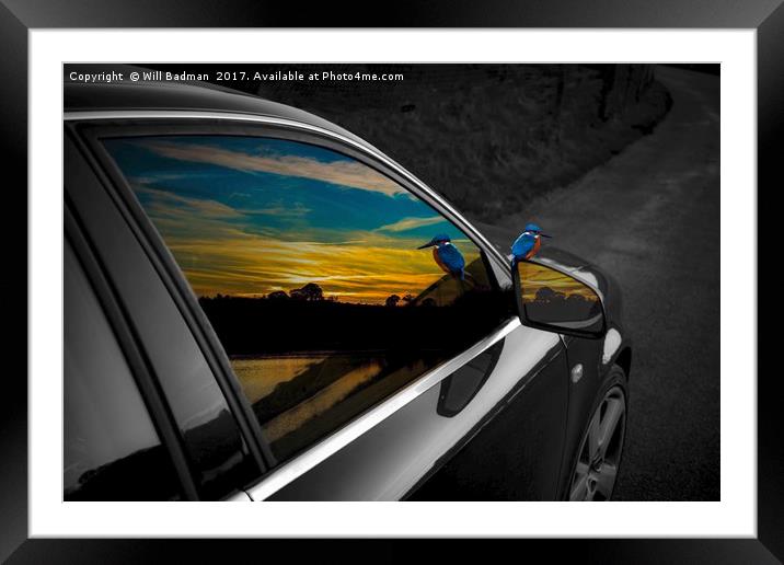 Sunset and kingfisher reflections in Audi window Framed Mounted Print by Will Badman