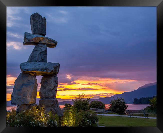 Inukshuk at sunset from English Bay Vancouver  Framed Print by David Belcher