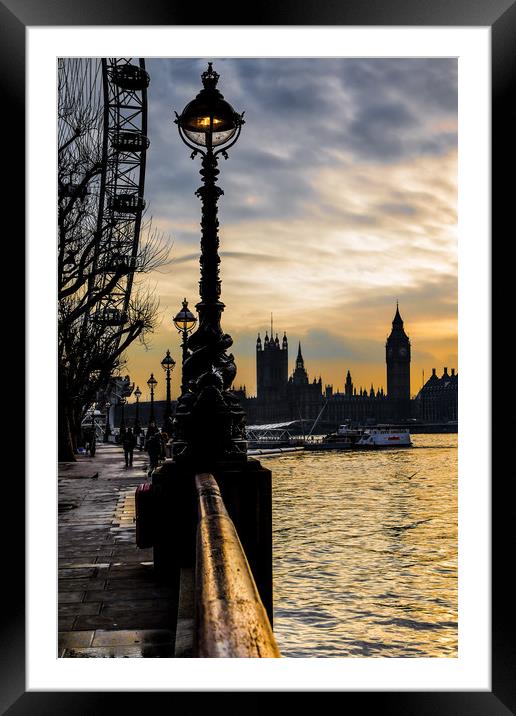 Thames Embankment at Sunset Framed Mounted Print by David Belcher
