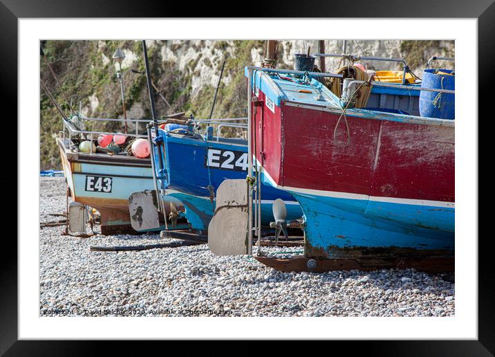 fishing boats on beer beach Devon Framed Mounted Print by David Belcher