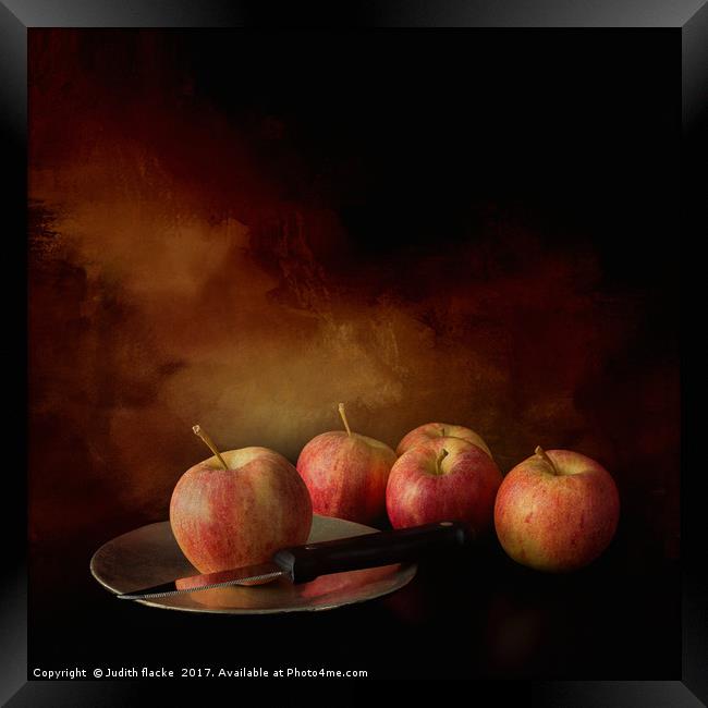 The chosen one. Apple with knife on plate. Framed Print by Judith Flacke