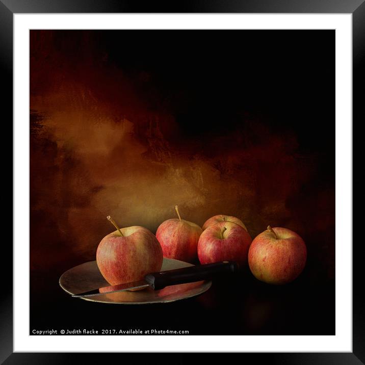 The chosen one. Apple with knife on plate. Framed Mounted Print by Judith Flacke