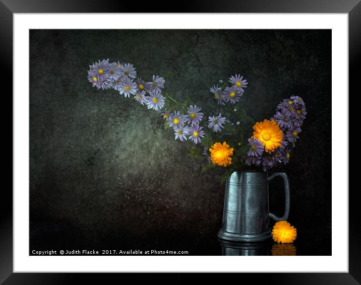 Still life with Michaelmas daisies and marigolds Framed Mounted Print by Judith Flacke