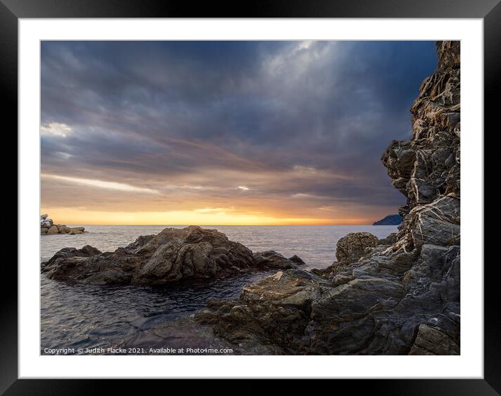 Sunset on the Rocks.  Framed Mounted Print by Judith Flacke