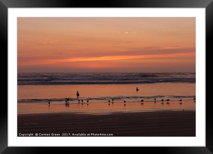 Sunset and waders at Pismo Beach California Framed Mounted Print by Carmen Green