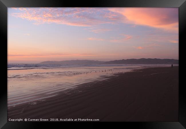 Sunset and waders at Pismo beach, California  Framed Print by Carmen Green
