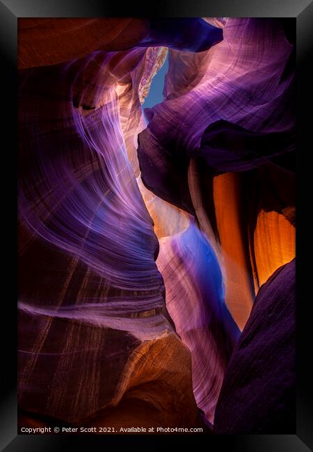 Looking up through Antelope Canyon Framed Print by Peter Scott