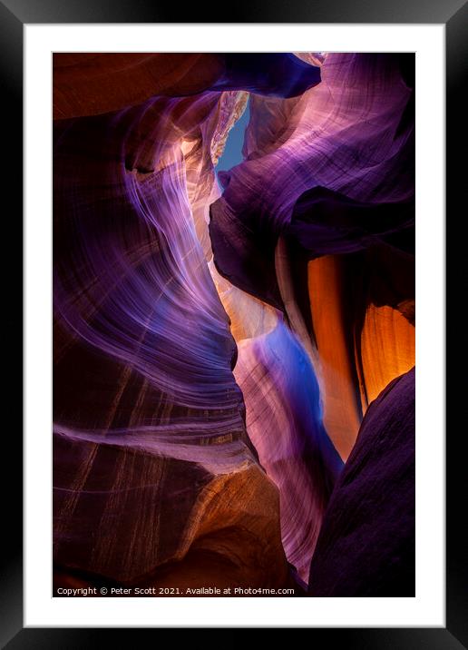 Looking up through Antelope Canyon Framed Mounted Print by Peter Scott