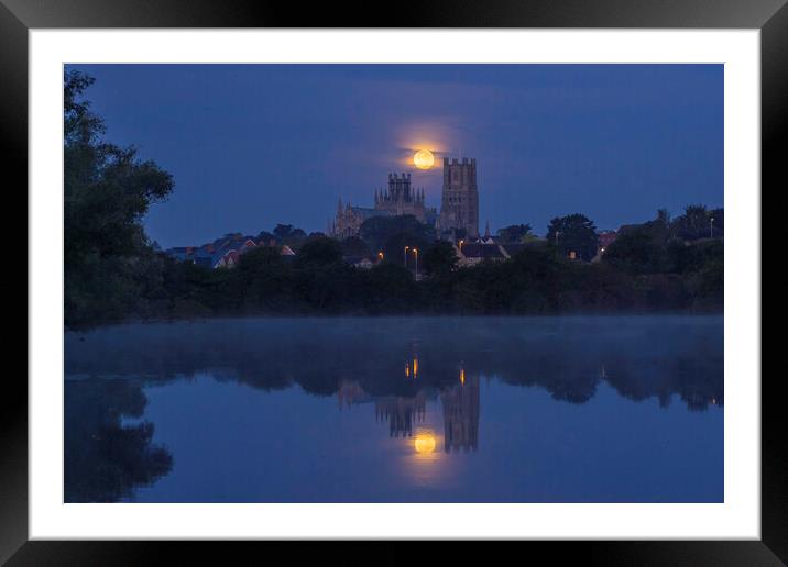 Harvest Moon setting over Ely Cathedral, 21st September 2021 Framed Mounted Print by Andrew Sharpe