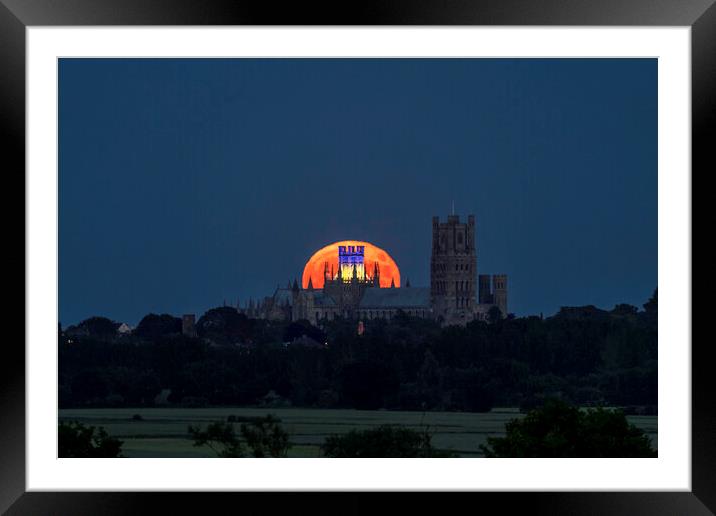 Strawberry Moon rising behind Ely Cathedral, 14th June 2022 Framed Mounted Print by Andrew Sharpe