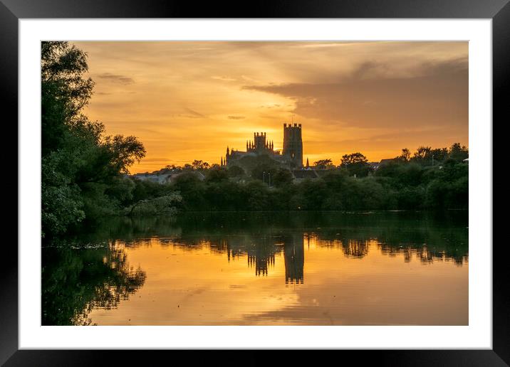 Sunset from Roswell Pits Nature Reserve, looking towards Ely Cat Framed Mounted Print by Andrew Sharpe