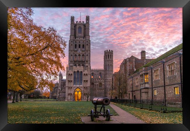 Colourful sunrise behind Ely Cathedral, 23rd November 2023 Framed Print by Andrew Sharpe