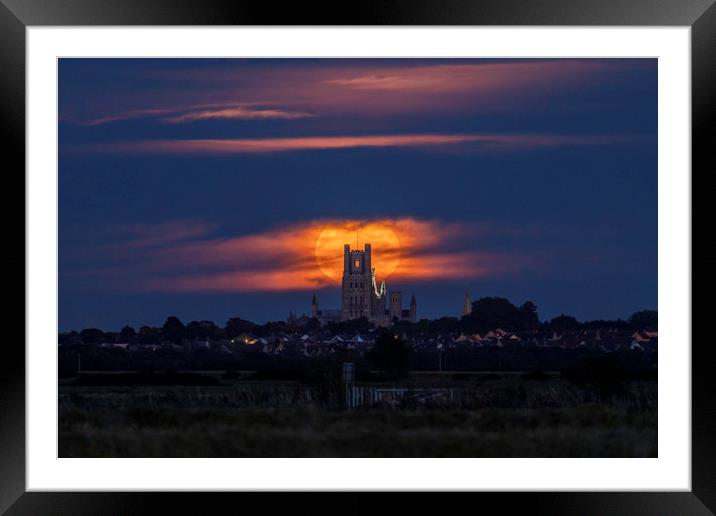 Harvest Moon rising behind Ely Cathedral Framed Mounted Print by Andrew Sharpe