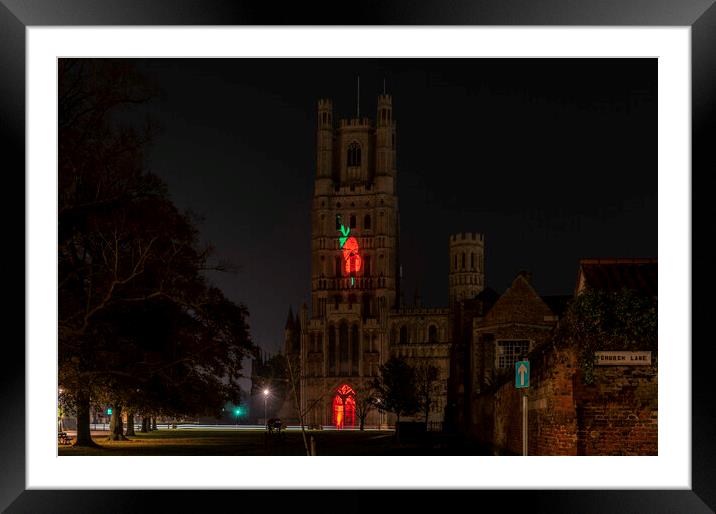 Giant Poppy projected onto Ely Cathedral for Remembrance Sunday, 8th November 2020 Framed Mounted Print by Andrew Sharpe
