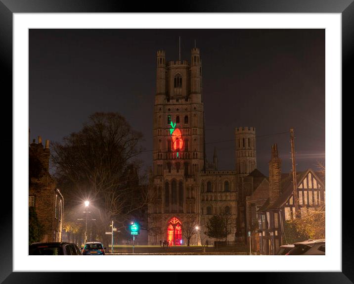 Giant Poppy projected onto Ely Cathedral for Remembrance Sunday, 8th November 2020 Framed Mounted Print by Andrew Sharpe