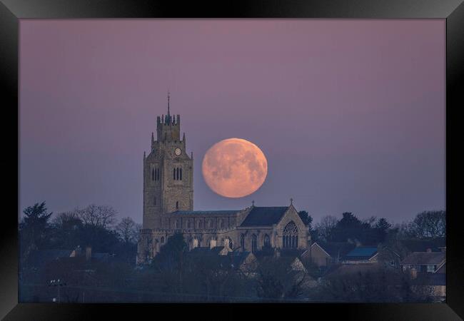 Snow Moon (or Hunger Moon) setting behind St Andrew's Church, Su Framed Print by Andrew Sharpe