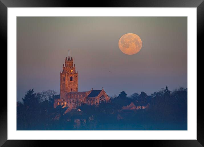 Snow Moon (or Hunger Moon) setting behind St Andrew's Church, Su Framed Mounted Print by Andrew Sharpe