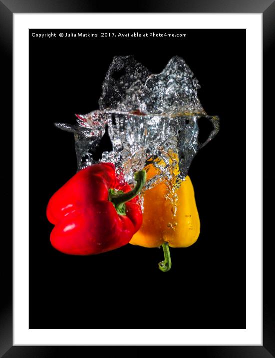 Red and Yellow pepper dropped in Water  Framed Mounted Print by Julia Watkins